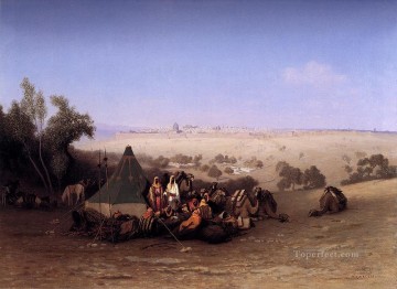 orientalista Pintura al %C3%B3leo - Un campamento árabe en el Monte de los Olivos con Jerusalén más allá El orientalista árabe Charles Theodore Frere